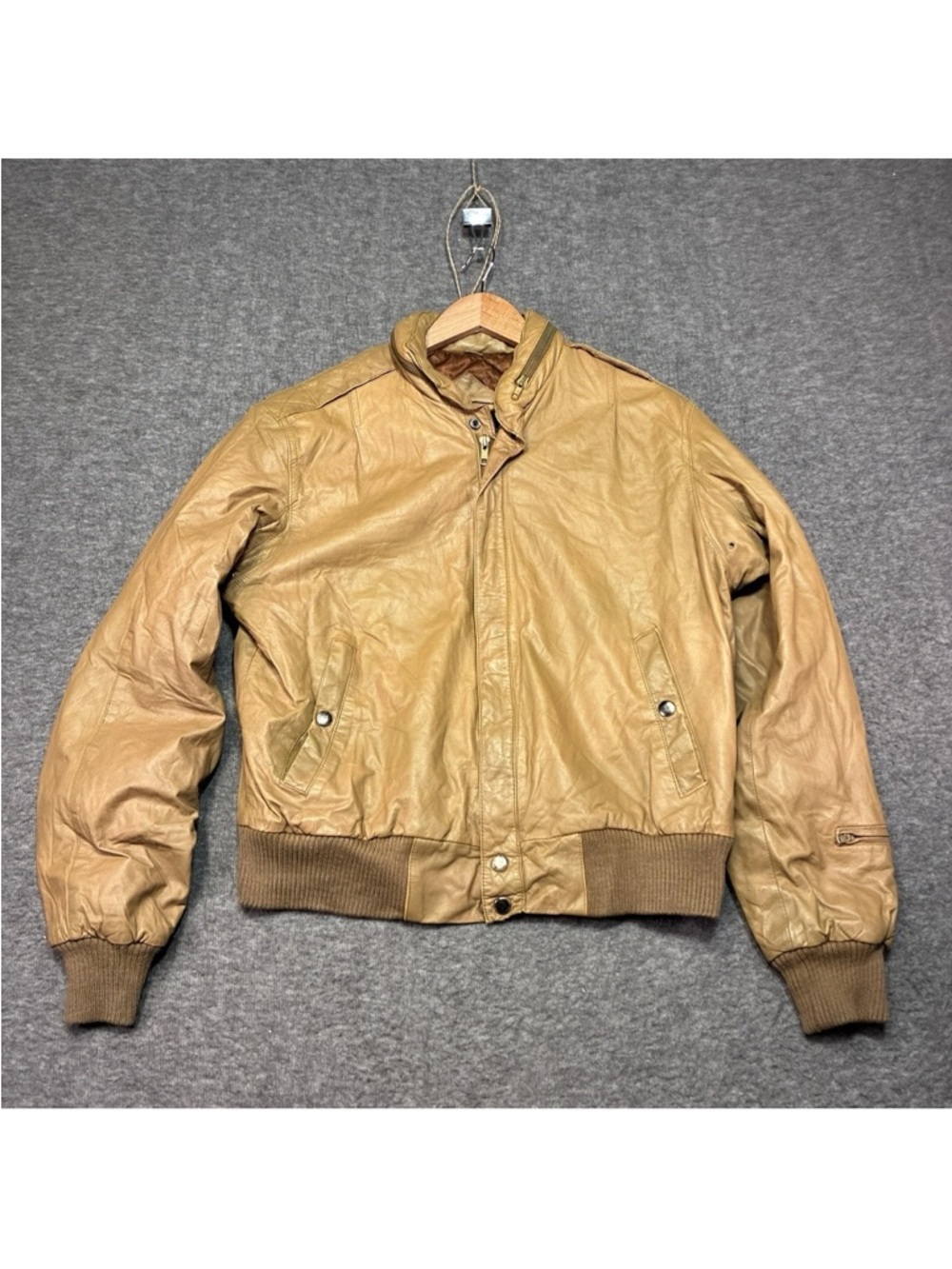 Men's Tan Leather Bomber Jacket with Ribbed Hem